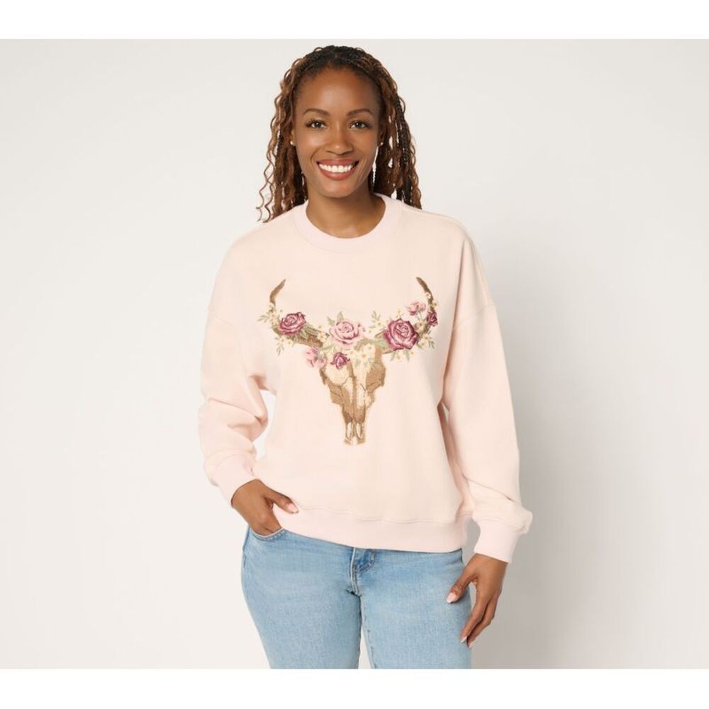 Driftwood Women's Top Sz M Drifod Jeans Teddy Crew Neck Pullover Pink A678068